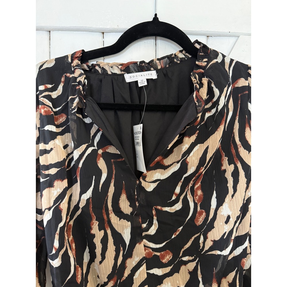 Socialite Womens Animal Print Smocked Waist Mini Dress Black Tan XS - Picture 2 of 9